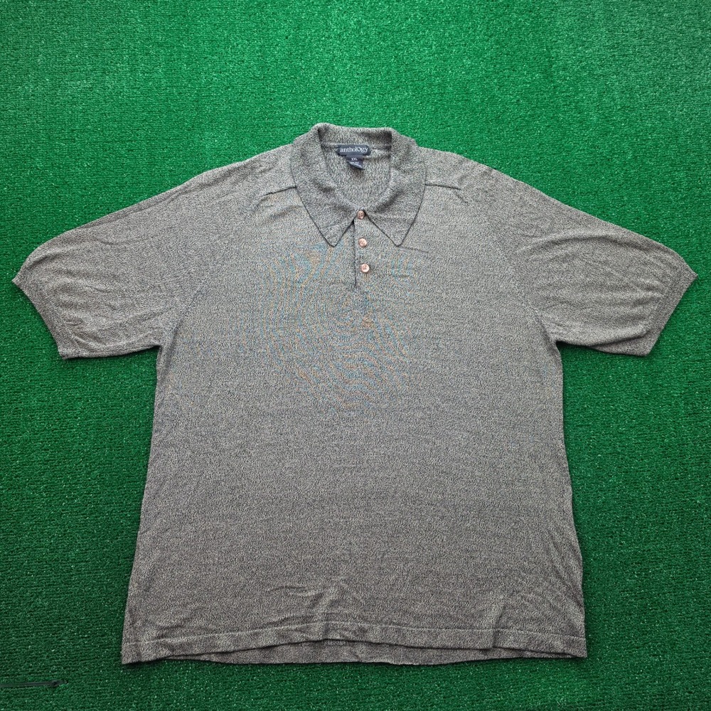 Anthology 100% Silk Knit Polo Shirt Mens 2XL Gray Short Sleeve Preppy Casual